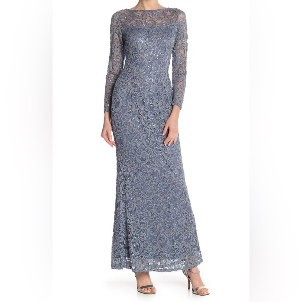 Marina Blue Gray Dress Sequin Lace Long Sleeve Formal Dress Gown 14 Wedding